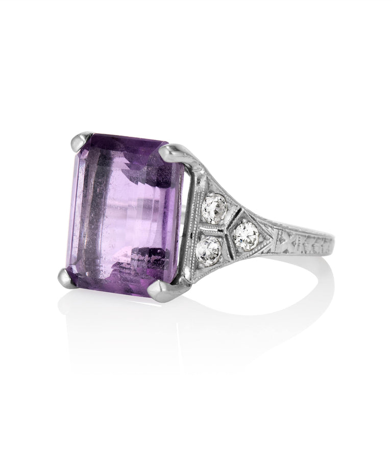 Edwardian 6 Carat Emerald Cut Amethyst and Diamond White Gold Engagement Ring