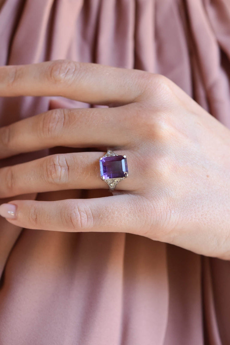 Edwardian 6 Carat Emerald Cut Amethyst and Diamond White Gold Vintage Cocktail Ring