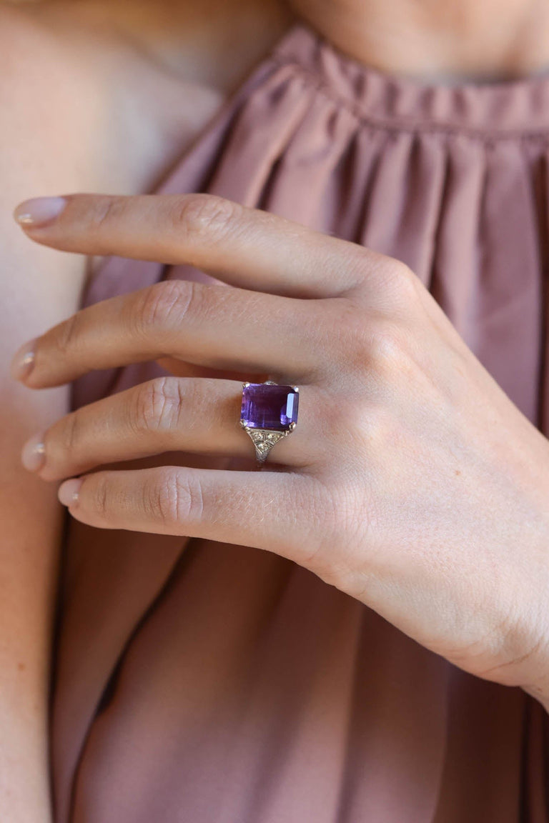 Edwardian 6 Carat Emerald Cut Amethyst and Diamond White Gold Vintage Cocktail Ring