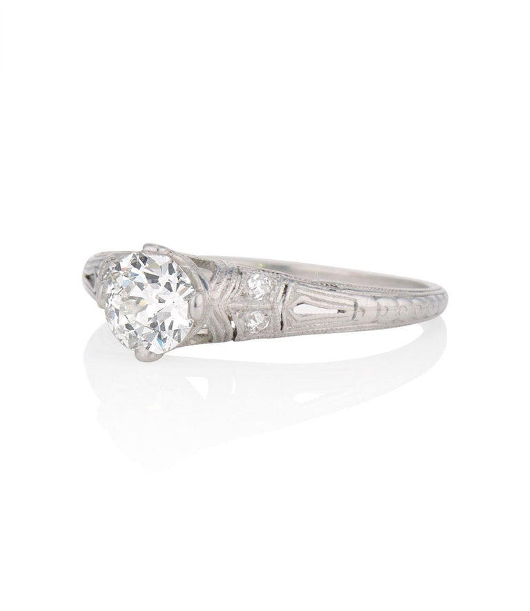 Edwardian .70 Carat Old European Cut Diamond Engraved Platinum Vintage Engagement Ring
