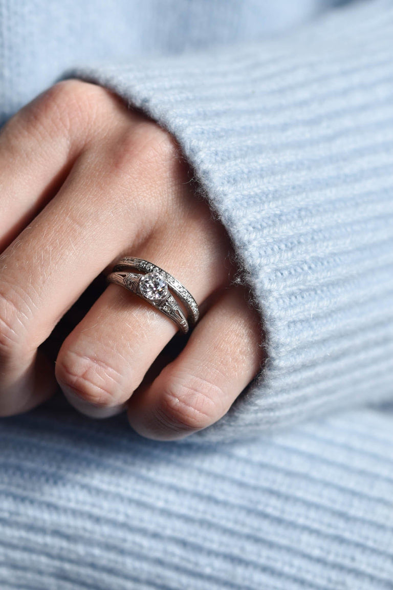 Edwardian .70 Carat Old European Cut Diamond Engraved Platinum Vintage Engagement Ring