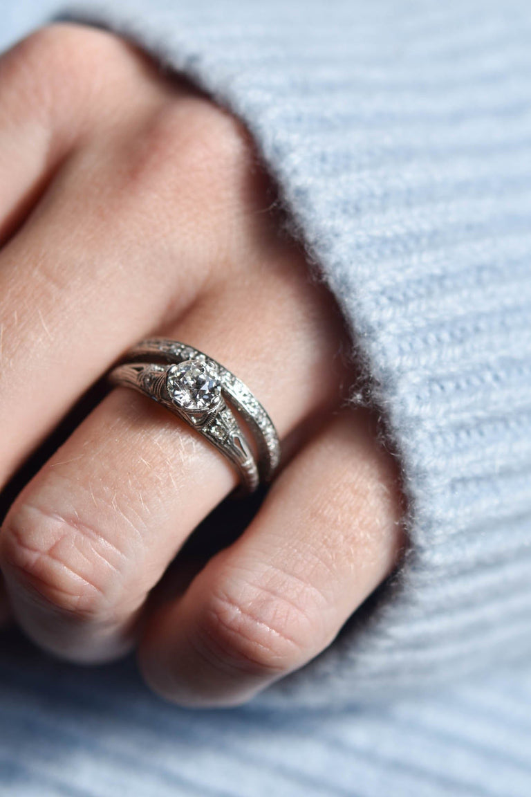 Edwardian .70 Carat Old European Cut Diamond Engraved Platinum Vintage Engagement Ring