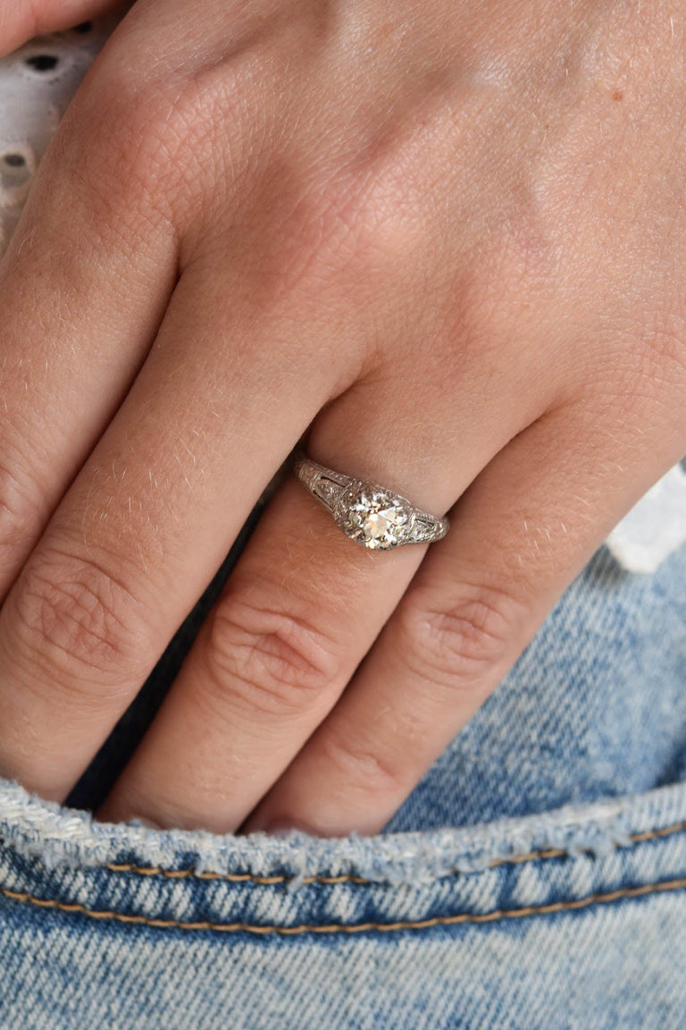 Edwardian .72 Carat Old European Cut Diamond Platinum Antique Engagement Ring