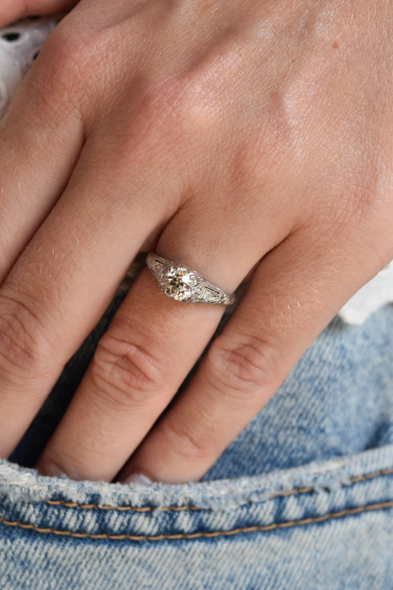 Edwardian .72 Carat Old European Cut Diamond Platinum Antique Engagement Ring