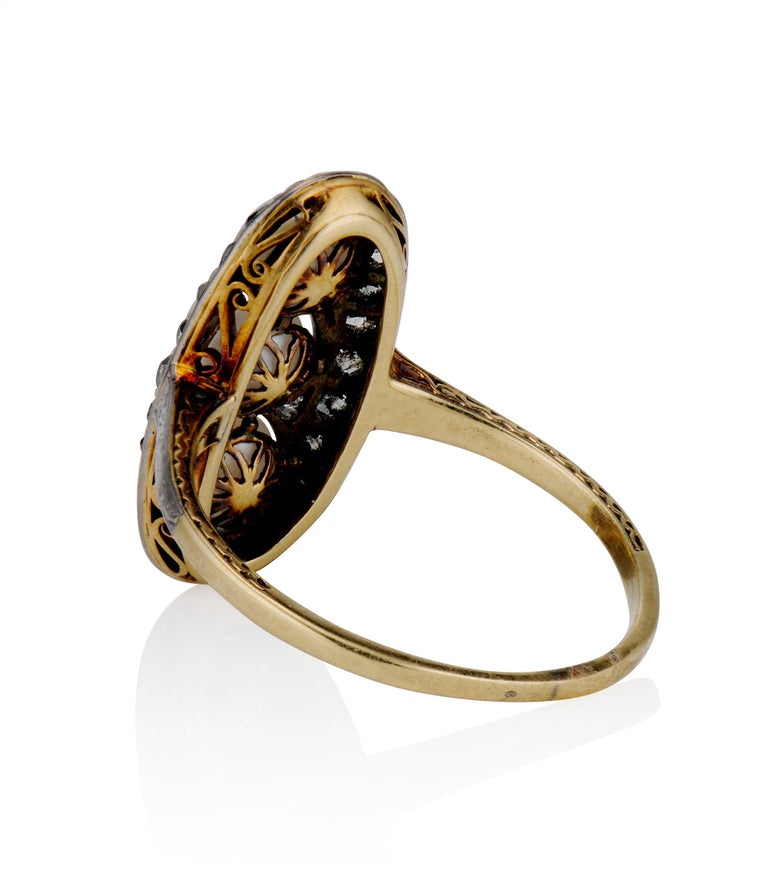 Edwardian .75 Carat Rose Cut Diamond and Pearl Two Tone Vintage Navette Ring