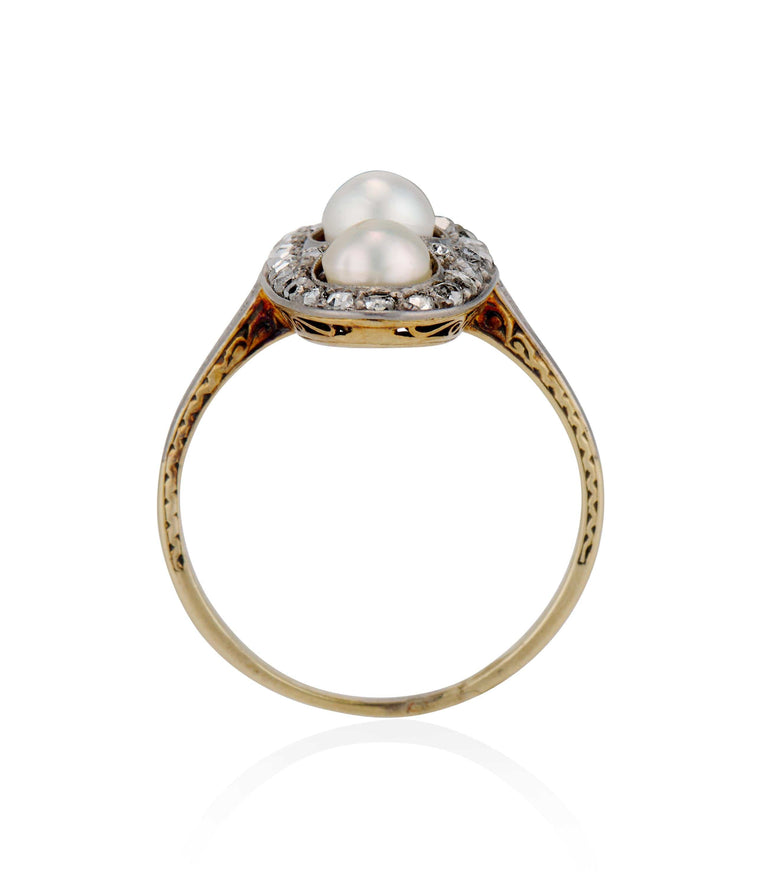 Edwardian .75 Carat Rose Cut Diamond and Pearl Two Tone Vintage Navette Ring