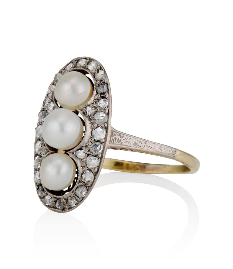 Edwardian .75 Carat Rose Cut Diamond and Pearl Two Tone Vintage Navette Ring