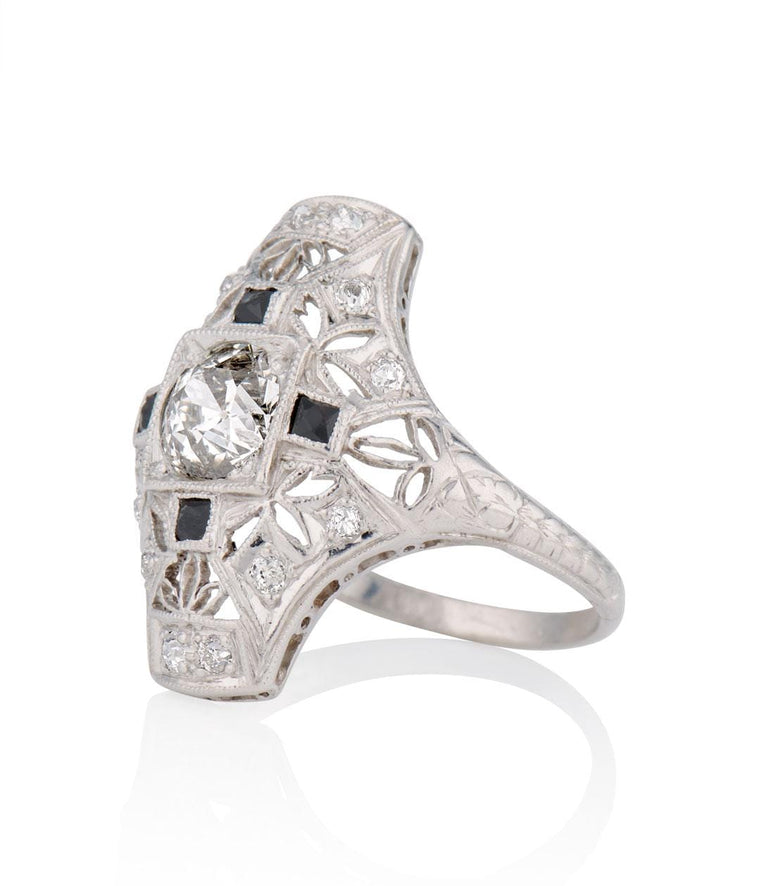 Edwardian .78 Carat Old European Cut Diamond and French Cut Onyx Platinum Navette Vintage Cocktail Ring