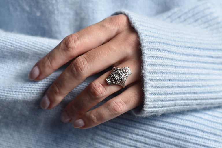 Edwardian .78 Carat Old European Cut Diamond and French Cut Onyx Platinum Navette Vintage Cocktail Ring