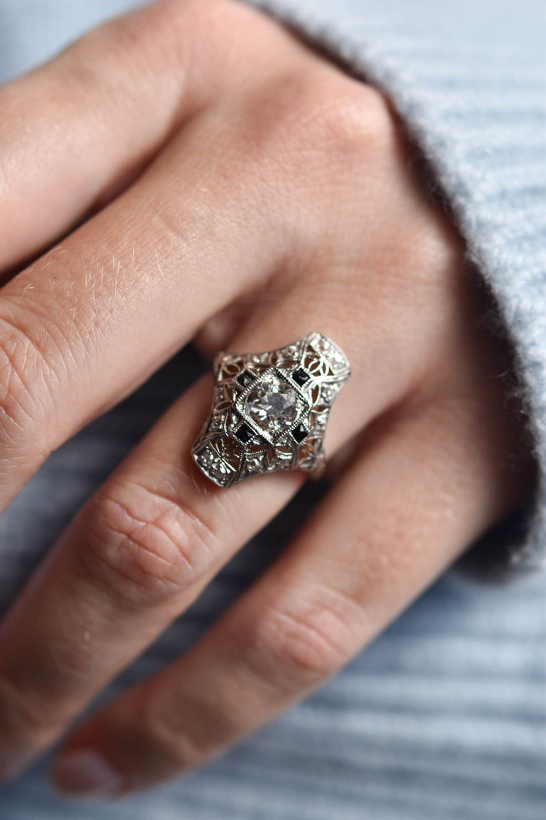 Edwardian .78 Carat Old European Cut Diamond and French Cut Onyx Platinum Navette Vintage Cocktail Ring