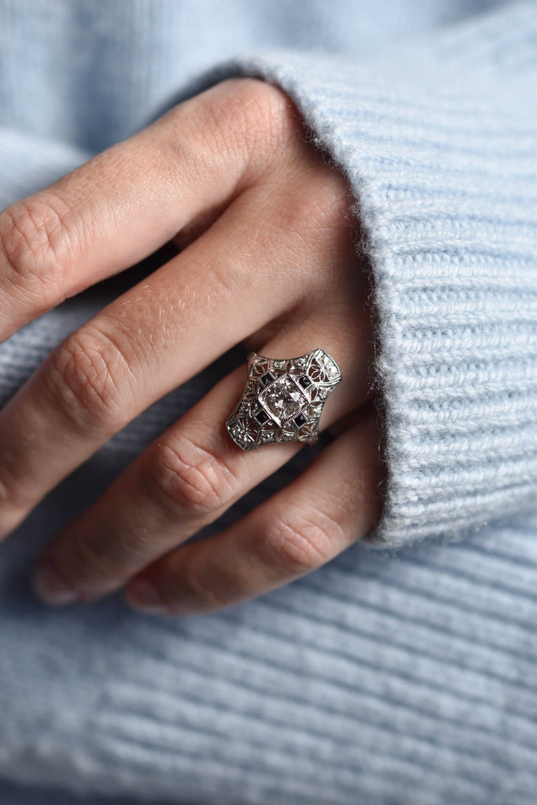 Edwardian .78 Carat Old European Cut Diamond and French Cut Onyx Platinum Navette Vintage Cocktail Ring