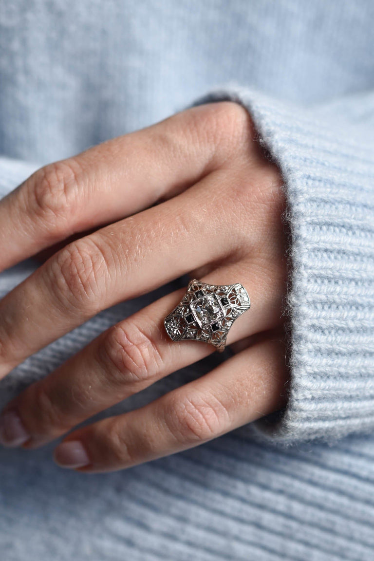 Edwardian .78 Carat Old European Cut Diamond and French Cut Onyx Platinum Navette Vintage Cocktail Ring