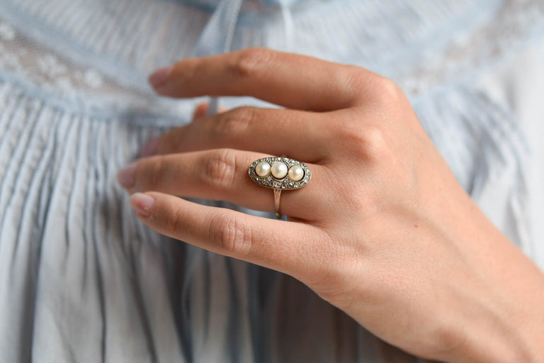 Edwardian Pearl & Rose Cut Diamond Antique Navette Ring