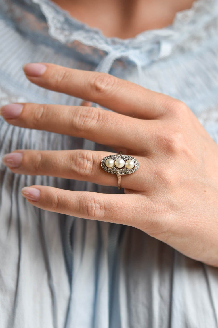 Edwardian Pearl & Rose Cut Diamond Antique Navette Ring