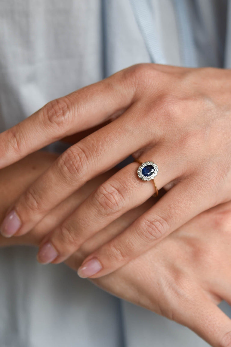 Edwardian Sapphire and Diamond Antique Cluster Engagement Ring