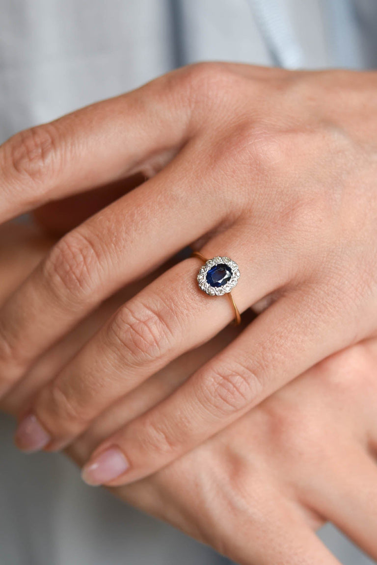 Edwardian Sapphire and Diamond Antique Cluster Engagement Ring