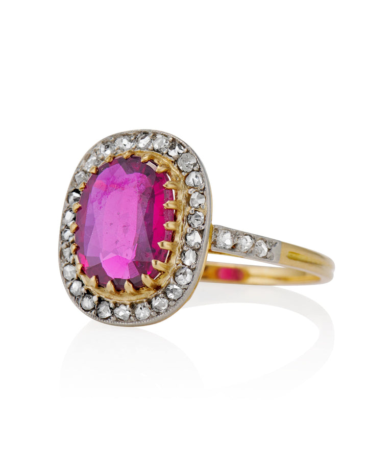 French Victorian 2.13 Carat Oval Step Cut No Heat Ruby and Rose Cut Diamond Two Tone Cluster Vintage Engagement Ring