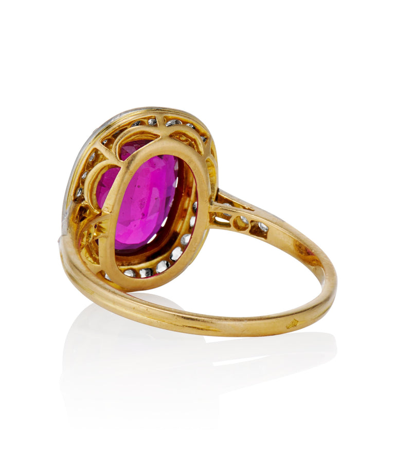 French Victorian 2.13 Carat Oval Step Cut No Heat Ruby and Rose Cut Diamond Two Tone Cluster Vintage Engagement Ring