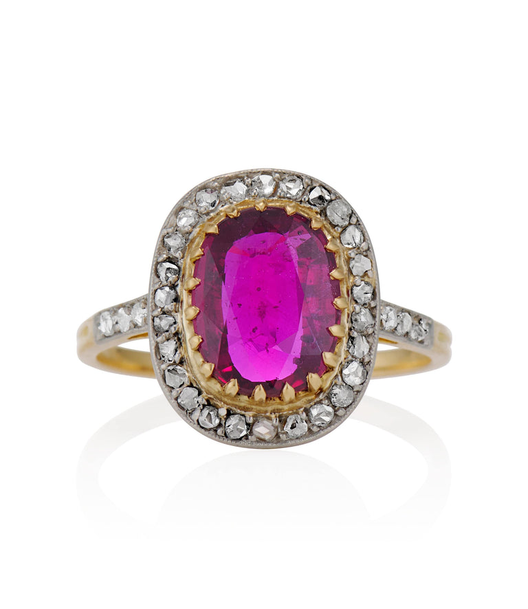 French Victorian 2.13 Carat Oval Step Cut No Heat Ruby and Rose Cut Diamond Two Tone Cluster Vintage Engagement Ring