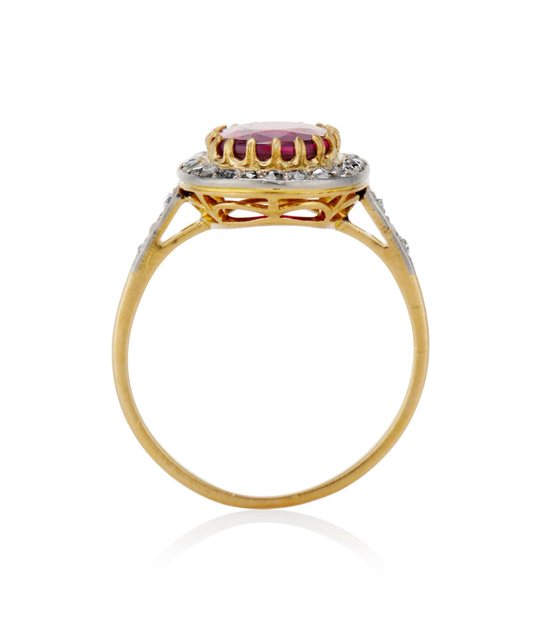 French Victorian 2.13 Carat Oval Step Cut No Heat Ruby and Rose Cut Diamond Two Tone Cluster Vintage Engagement Ring