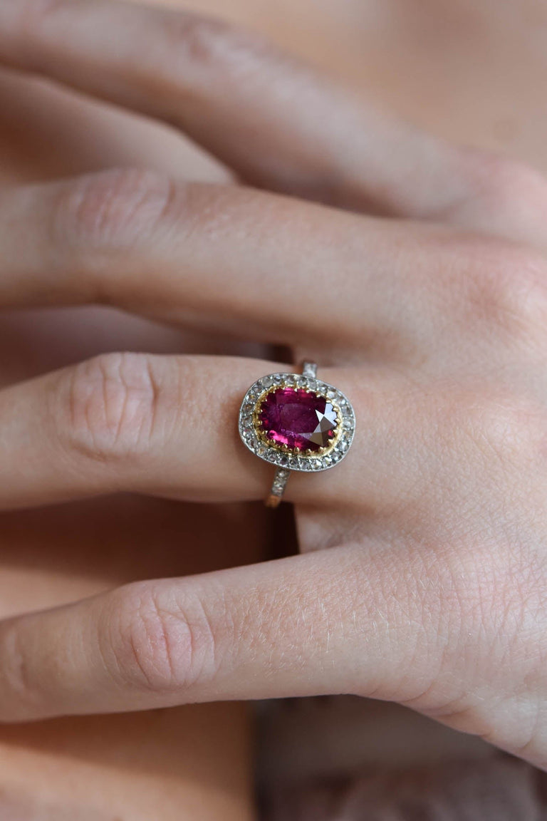 French Victorian 2.13 Carat Oval Step Cut No Heat Ruby and Rose Cut Diamond Two Tone Cluster Vintage Engagement Ring