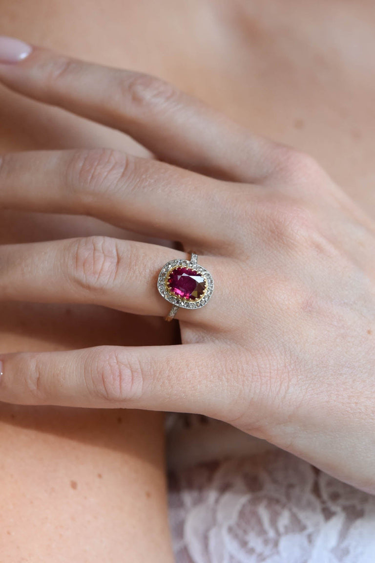 French Victorian 2.13 Carat Oval Step Cut No Heat Ruby and Rose Cut Diamond Two Tone Cluster Vintage Engagement Ring