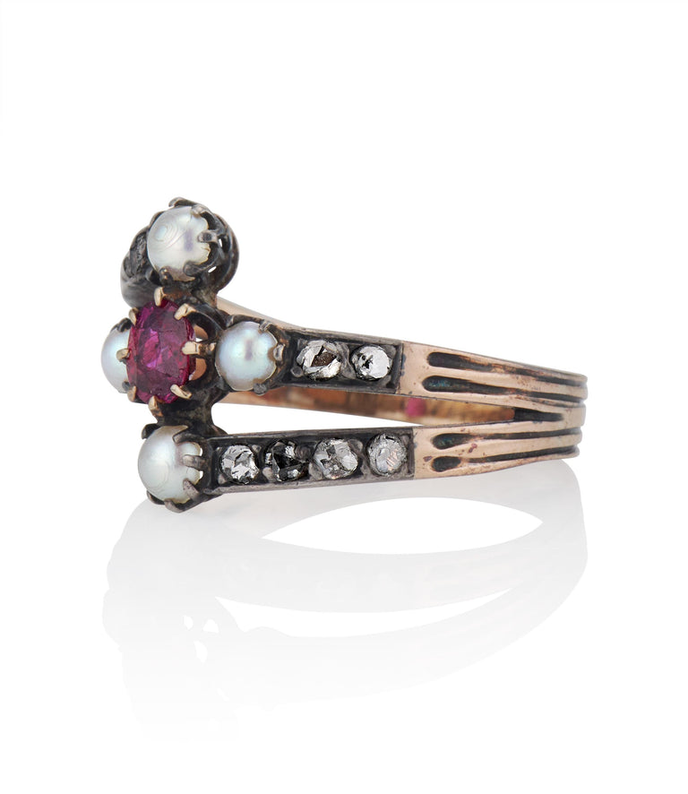 Georgian Ruby, Pearl and Rose Cut Diamond Gold and Silver Antique Engagement Band