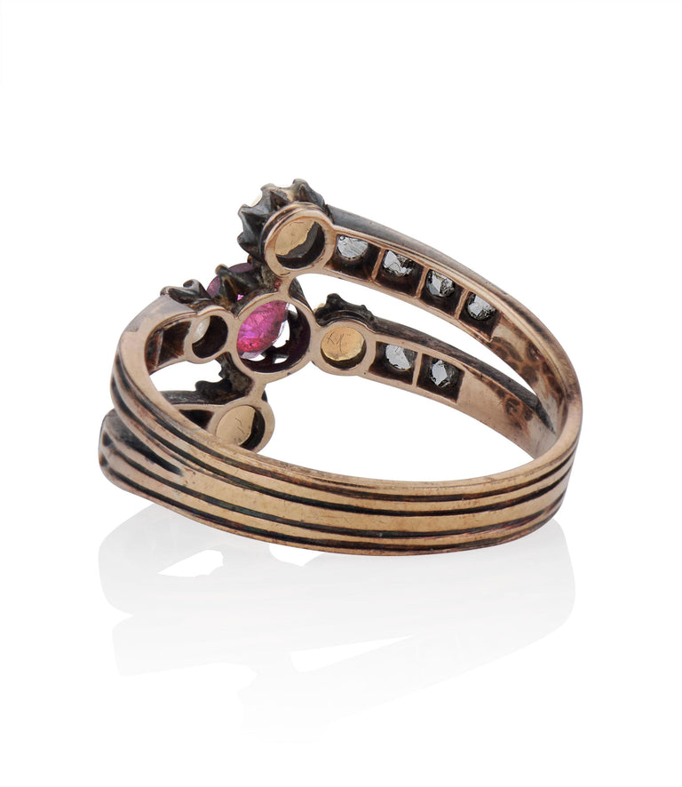 Georgian Ruby, Pearl and Rose Cut Diamond Gold and Silver Antique Engagement Band