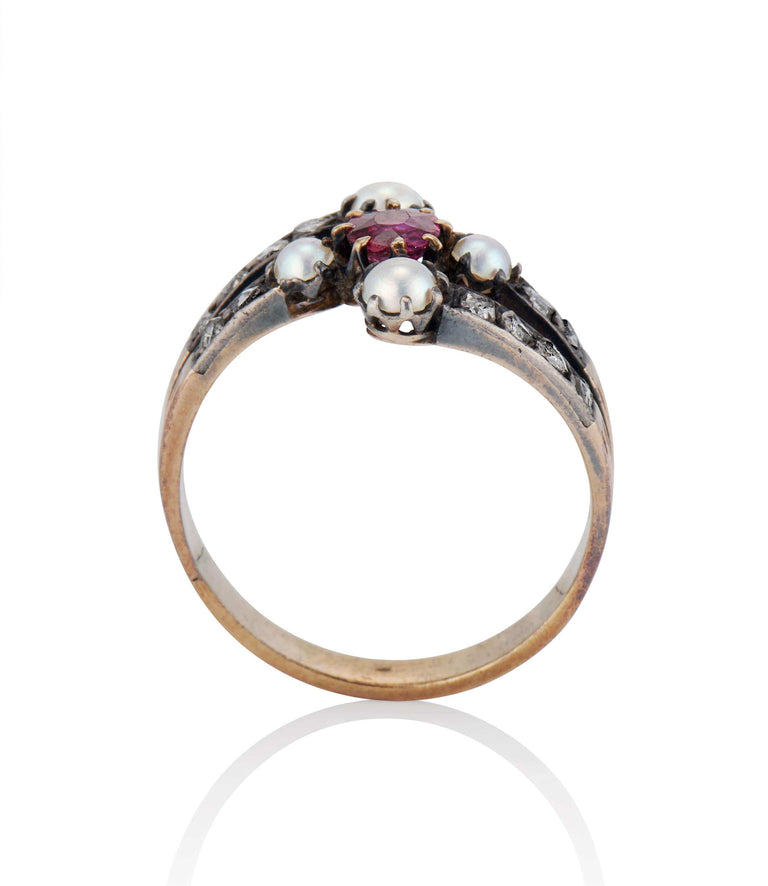 Georgian Ruby, Pearl and Rose Cut Diamond Gold and Silver Antique Engagement Band