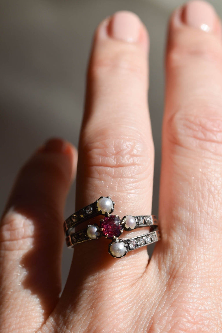 Georgian Ruby, Pearl and Rose Cut Diamond Gold and Silver Antique Engagement Band