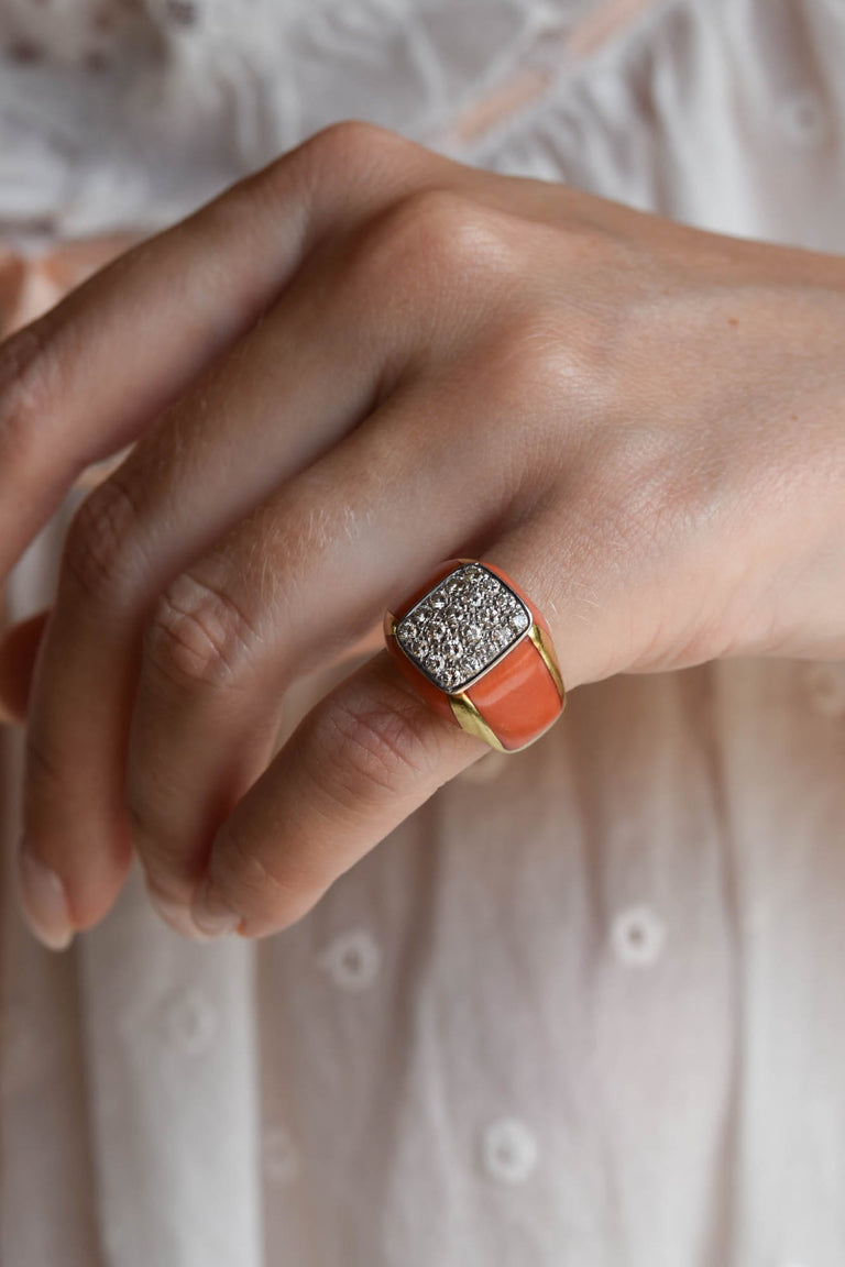 Italian 1960's Diamond and Coral Yellow Gold Vintage Cocktail Ring