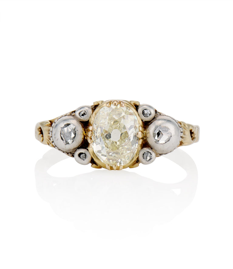 Late Georgian 1.06 Carat Old Mine Cushion Diamond Two Tone Vintage Engagement Ring