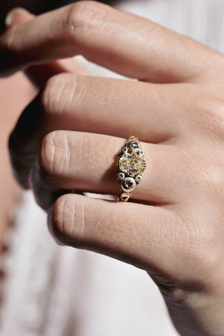 Late Georgian 1.06 Carat Old Mine Cushion Diamond Two Tone Vintage Engagement Ring