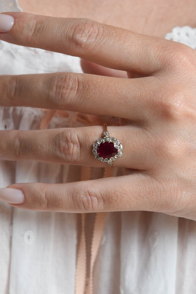 Late Victorian 2 Carat Oval Burma Heated Ruby and Diamond Antique Cluster Engagement Ring