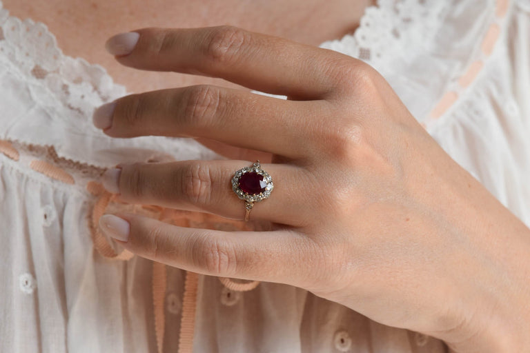 Late Victorian 2 Carat Oval Burma Heated Ruby and Diamond Antique Cluster Engagement Ring