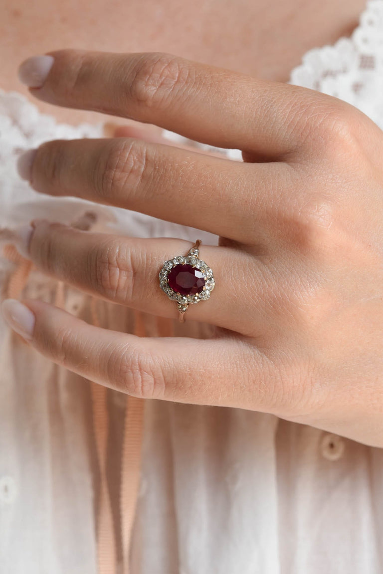 Late Victorian 2 Carat Oval Burma Heated Ruby and Diamond Antique Cluster Engagement Ring