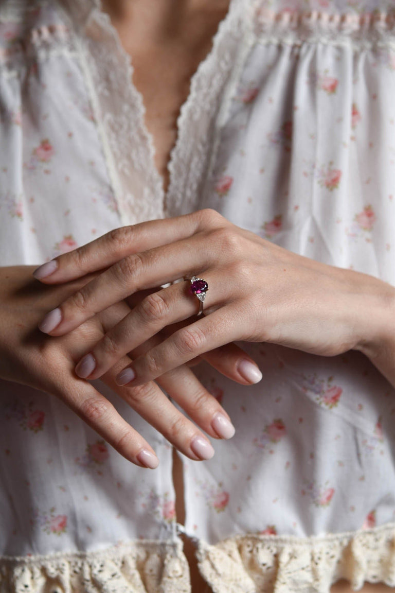 Midcentury 1.94 Carat Oval Ruby and Trillion Cut Diamond Vintage Engagement Ring