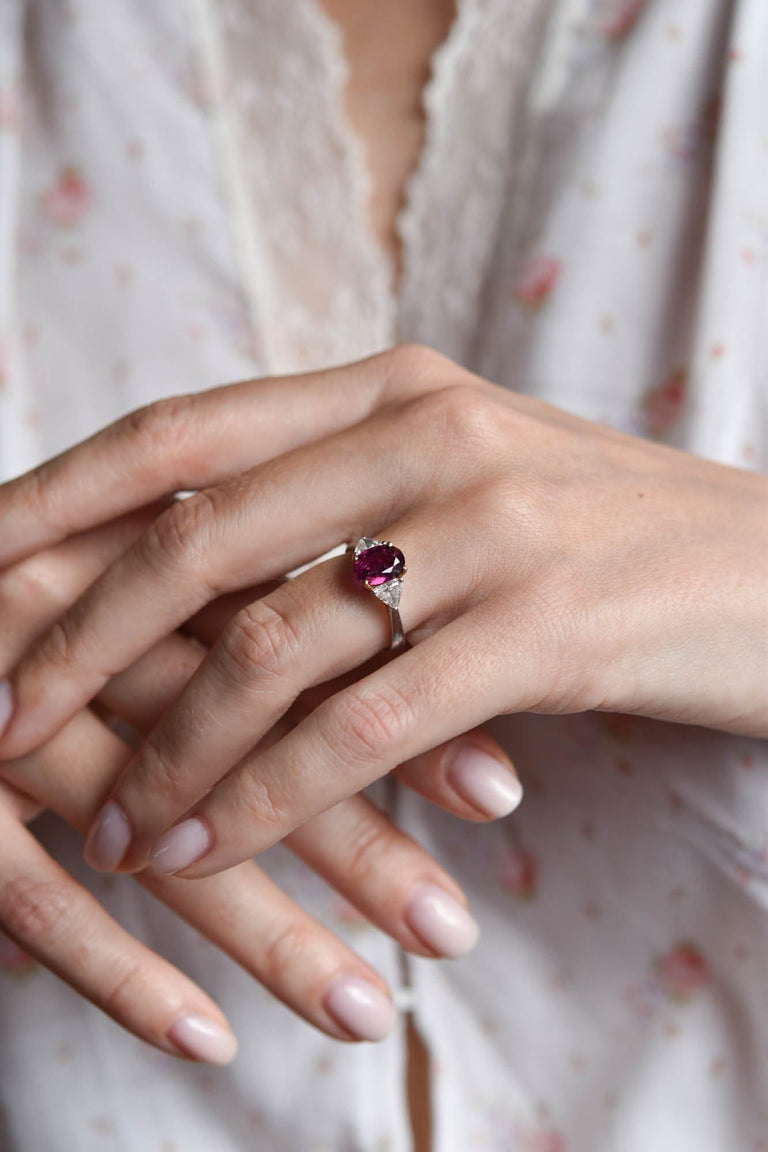 Midcentury 1.94 Carat Oval Ruby and Trillion Cut Diamond Vintage Engagement Ring