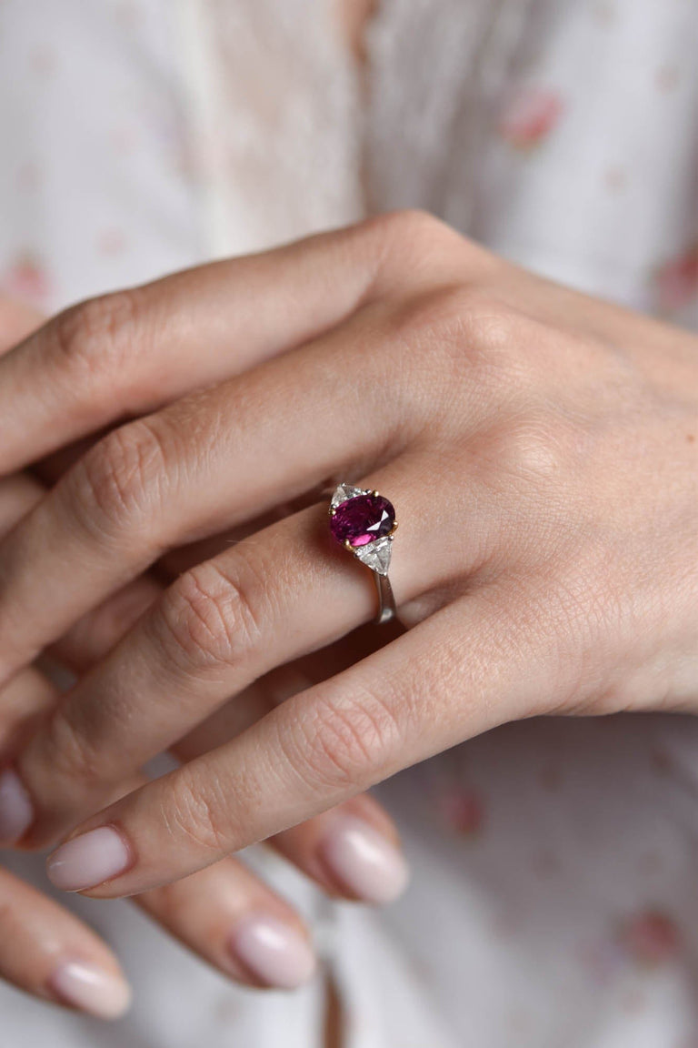 Midcentury 1.94 Carat Oval Ruby and Trillion Cut Diamond Vintage Engagement Ring