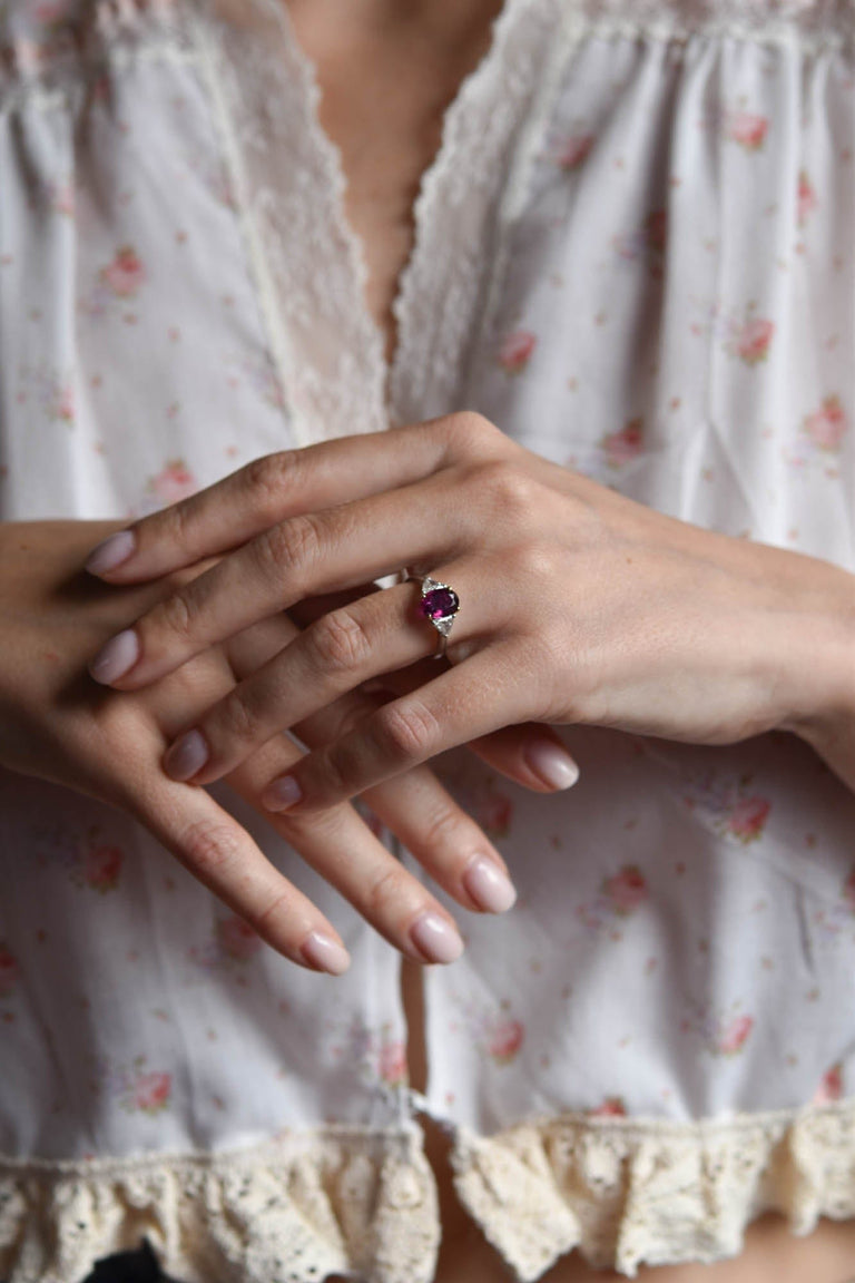 Midcentury 1.94 Carat Oval Ruby and Trillion Cut Diamond Vintage Engagement Ring