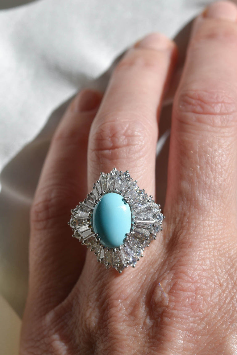 Midcentury 3.00 Turquoise and Tapered Baguette Diamond Platinum Cocktail Ring