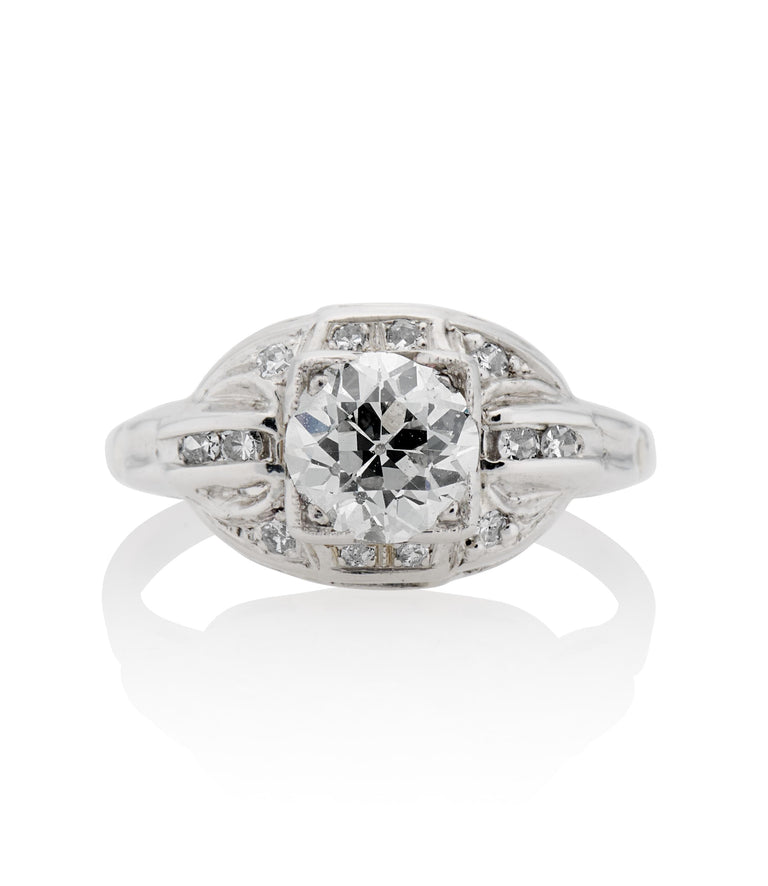 Midcentury .81 Carat Platinum Old European Cut Diamond Platinum Vintage Engagement Ring