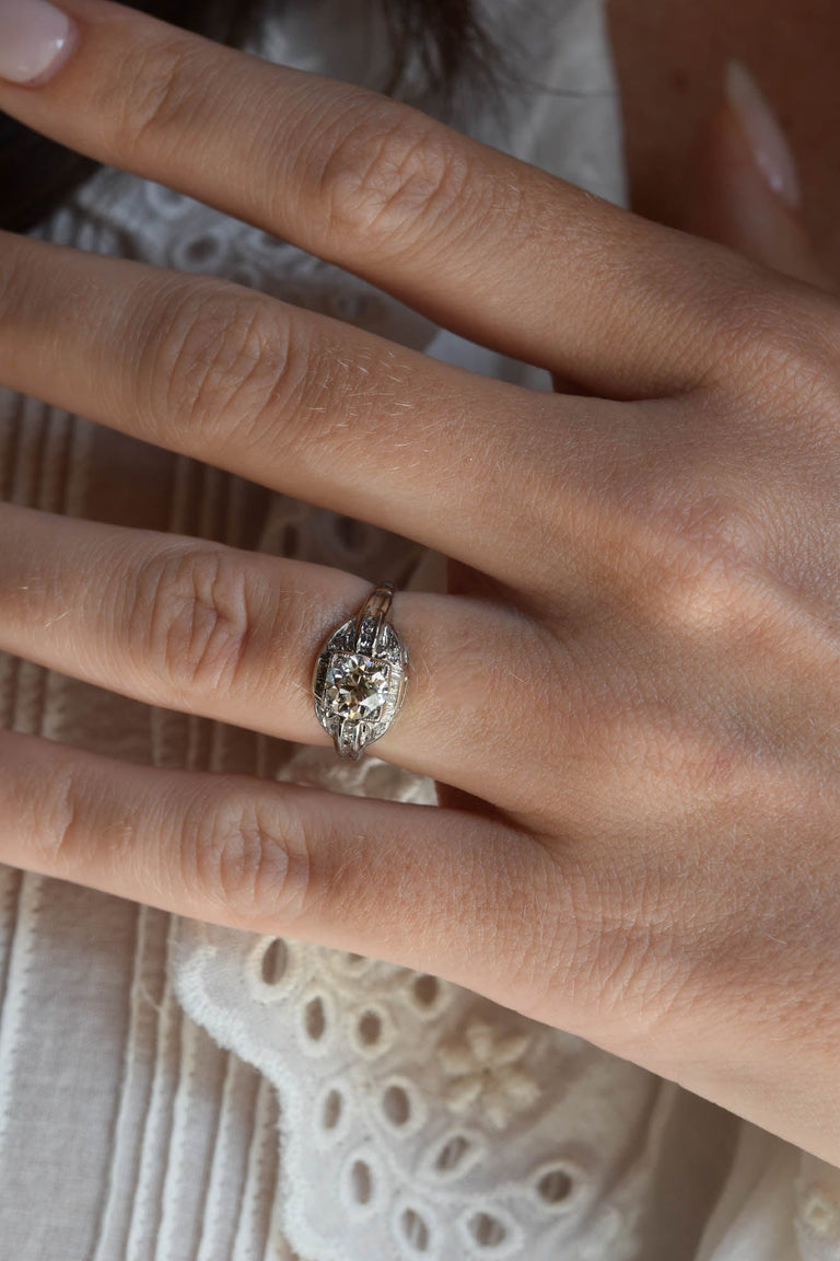 Midcentury .81 Carat Platinum Old European Cut Diamond Platinum Vintage Engagement Ring