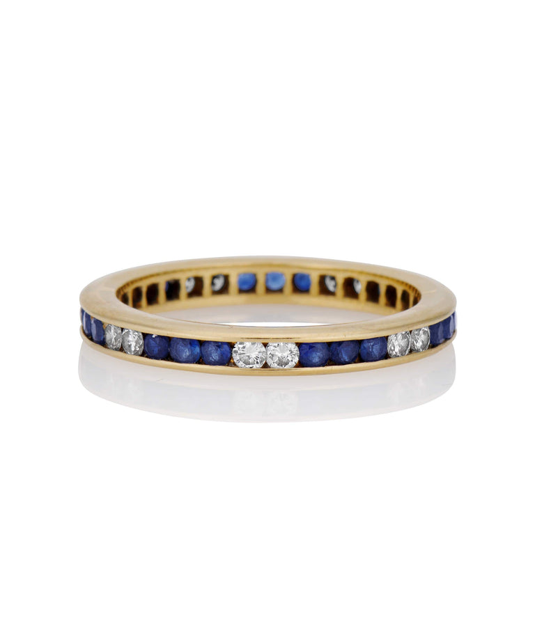 Midcentury Diamond and Sapphire Yellow Gold Vintage Wedding Band - Size 5.5
