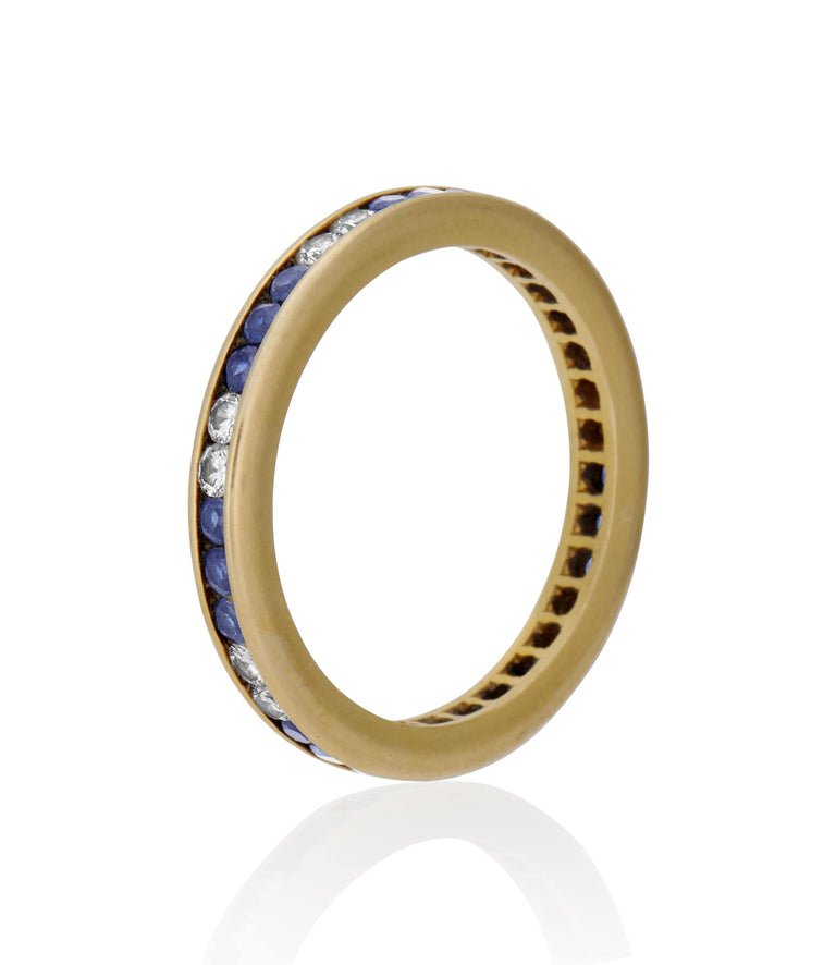 Midcentury Diamond and Sapphire Yellow Gold Vintage Wedding Band - Size 5.5