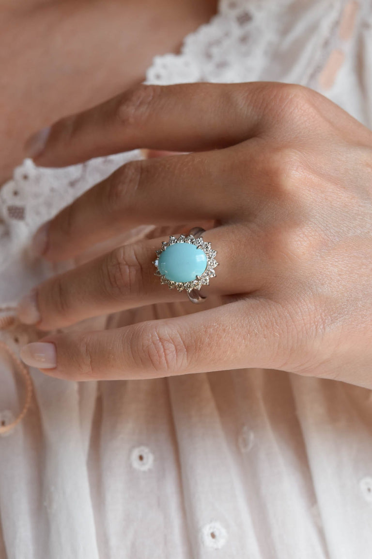 Natural Persian Turquoise, Diamond and Platinum Cluster Ring