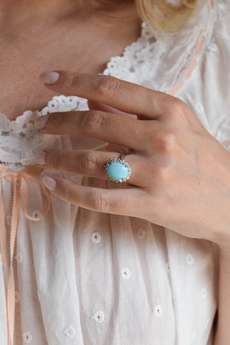 Natural Persian Turquoise, Diamond and Platinum Cluster Ring
