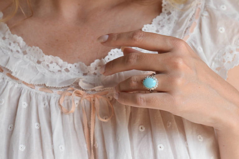 Natural Persian Turquoise, Diamond and Platinum Cluster Ring
