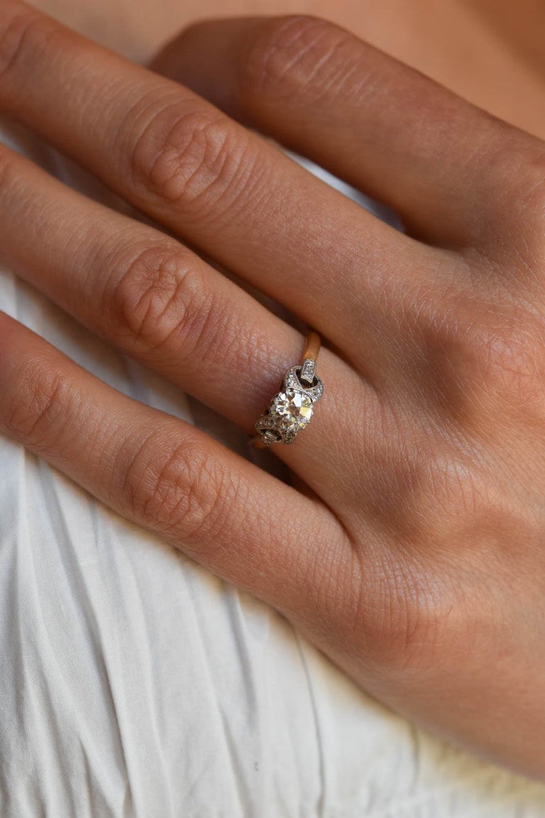 Retro .58 carat Old European Cut Diamond Gold and Platinum Vintage Engagement Ring
