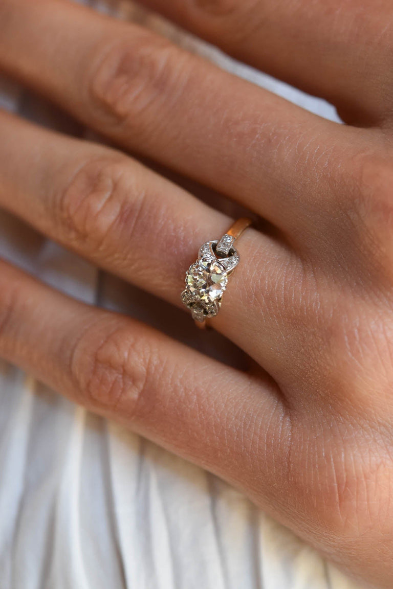 Retro .58 carat Old European Cut Diamond Gold and Platinum Vintage Engagement Ring